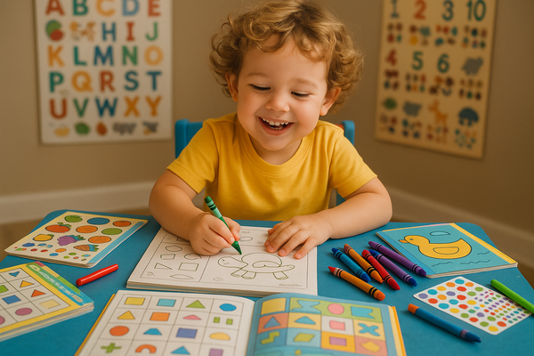 preschool child doing activity books
