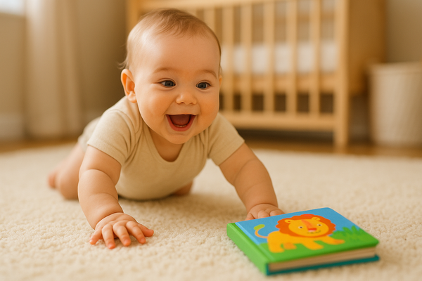 a baby crawling to reach a little book and having fun