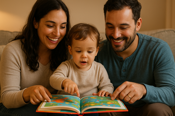 a toddler reading with his parents