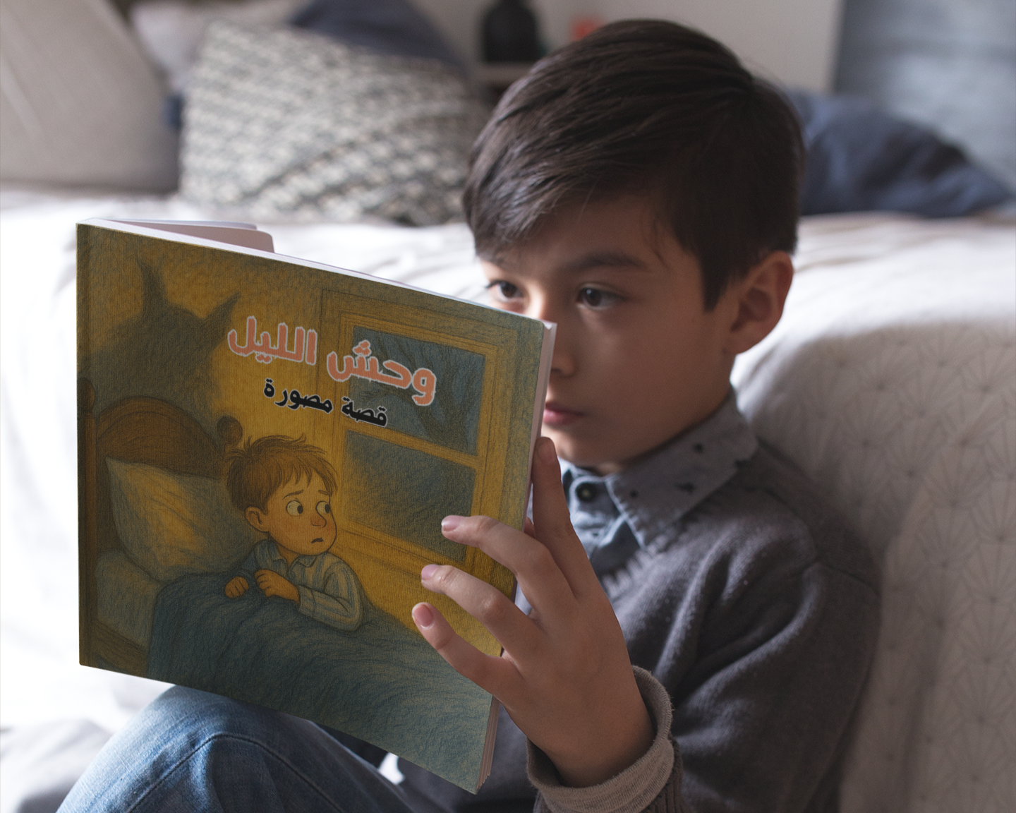 طفل يقرأ كتاب وحش الليل من مجموعة قصص ما قبل النوم